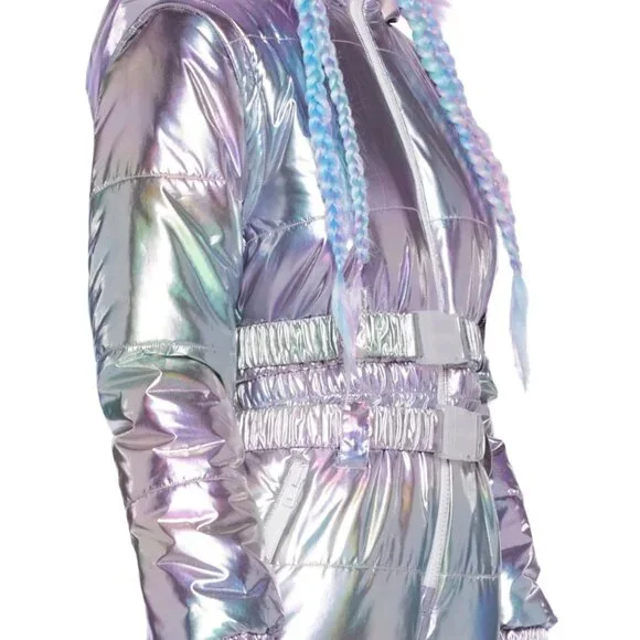 NWT Aurora Beam Holographic Snowsuit Sm Removable Sleeves Faux Fur Hood dopamine - Picture 6 of 9